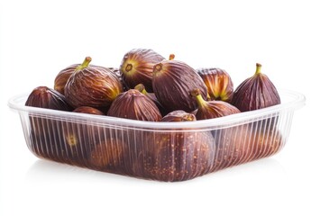 Poster - A transparent container filled with fresh brown figs, showcasing their rich color and texture.