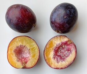 Poster - A photo of whole and halved plums showcasing their color and texture.