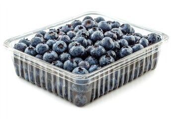 Poster - A clear container filled with fresh blueberries, showcasing their vibrant color and texture.