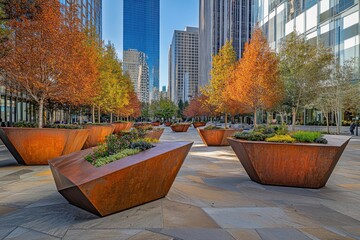Aufkleber - Urban landscape featuring modern planters and autumn foliage in a city setting.