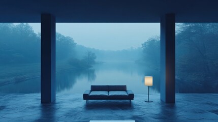 Leinwandbilder - A serene, minimalist scene featuring a couch by a misty river.