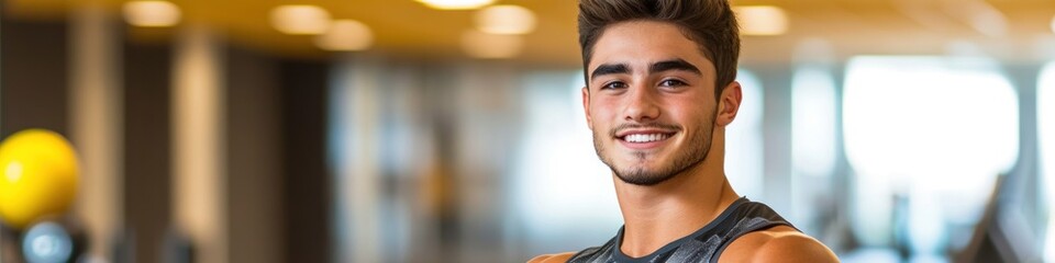 Poster - A smiling young man in a gym setting, promoting fitness and a healthy lifestyle.