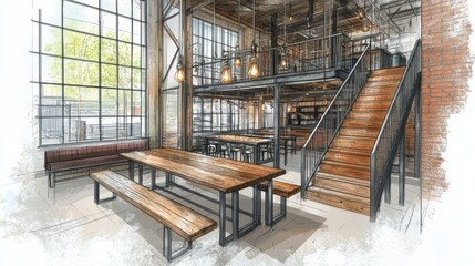 Aufkleber - A modern, industrial-style dining space with wooden tables and a staircase.