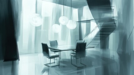 Poster - A modern dining area featuring a sleek table, chairs, and stylish lighting in a minimalistic design.