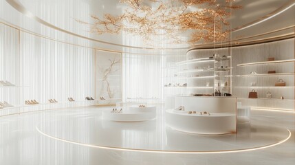 Aufkleber - A modern, minimalist shoe store with elegant displays and soft lighting.