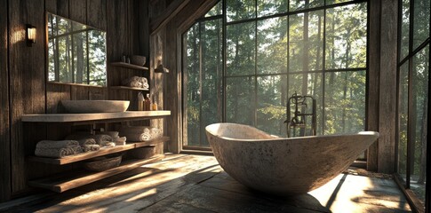 Poster - A serene bathroom with a freestanding tub and large windows overlooking a forest.