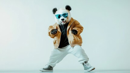 Leinwandbilder - A panda in sunglasses and a jacket dances playfully, showcasing a fun, vibrant vibe.