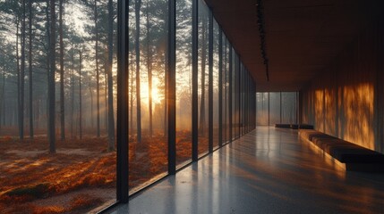 Leinwandbilder - A serene interior space with large glass windows showcasing a forest at sunset.