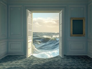 Aufkleber - A surreal room with open doors revealing a turbulent ocean view.