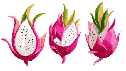 Poster - Three stylized dragon fruits, showcasing vibrant colors and textures.