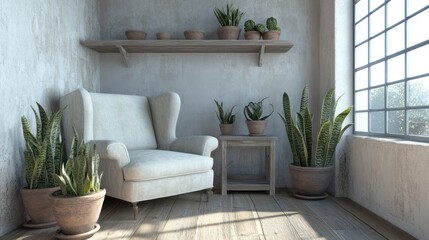 Aufkleber - A cozy corner featuring a comfortable chair, potted plants, and natural light.
