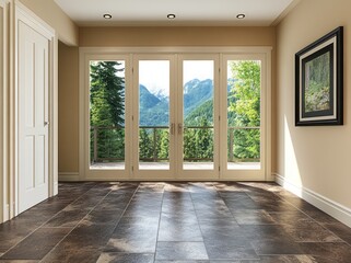 Leinwandbilder - A spacious room with large windows offering a scenic mountain view and natural light.