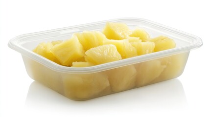 Poster - A clear plastic container filled with chunks of pineapple in syrup.