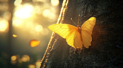 Poster - A vibrant yellow butterfly perched on a tree, illuminated by soft sunlight.