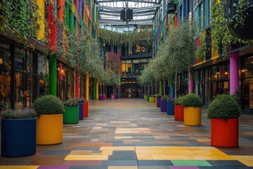 Aufkleber - A vibrant, colorful shopping arcade lined with planters and greenery.