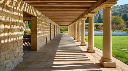 Poster - A serene architectural space with columns and shadows, surrounded by greenery.
