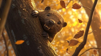Aufkleber - A cute animal peeks from a tree amidst autumn leaves in a warm, golden atmosphere.
