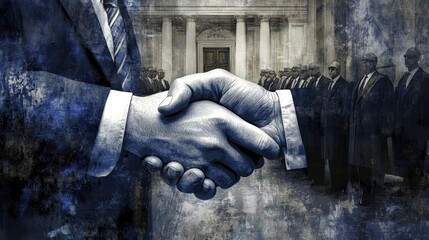 Aufkleber - A handshake symbolizes agreement or partnership amidst a formal setting.