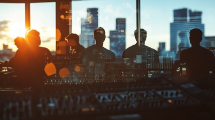 Fototapete - Silhouettes of people in a studio with city skyline at sunset, focused on music production.