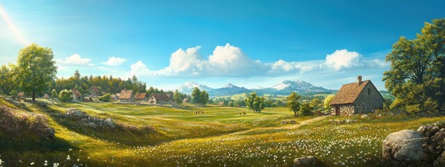 Poster - A serene landscape with a quaint cottage, rolling hills, and distant mountains under a clear sky.