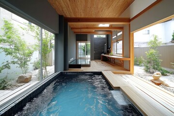 Aufkleber - Modern indoor spa with a pool, wooden elements, and natural light.