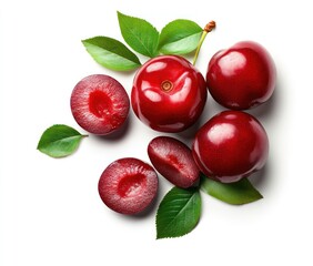 Poster - A collection of red plums with leaves, showcasing fresh fruit for culinary use.