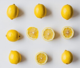 Poster - A flat lay of whole and sliced lemons arranged in a grid pattern on a white background.