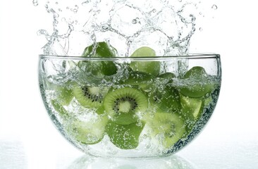 Poster - A bowl of green kiwis splashing in water, showcasing freshness and vitality.