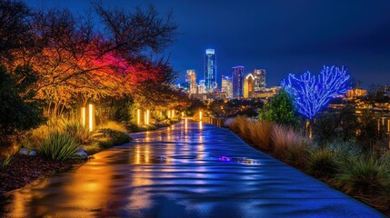 Poster - A vibrant cityscape at night with colorful lights reflecting on a wet pathway.