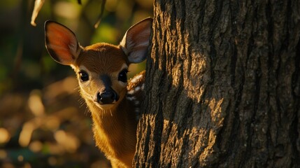 Poster - A young deer peeks from behind a tree, showcasing its curious nature in a serene environment.