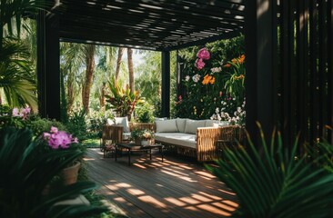 Poster - A serene outdoor seating area surrounded by lush greenery and vibrant flowers.