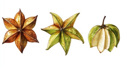 Aufkleber - Illustration of star-shaped seed pods in various stages.