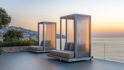 Poster - Modern outdoor lounge area with minimalist design overlooking a serene ocean sunset.