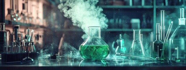 Poster - A laboratory scene featuring a green bubbling flask surrounded by various glassware.