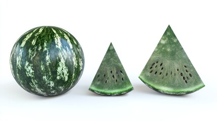 Poster - A whole watermelon and two triangular slices displayed on a white background.