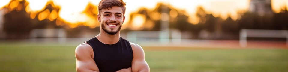 Poster - A smiling young man in athletic wear stands confidently on a sports field at sunset.