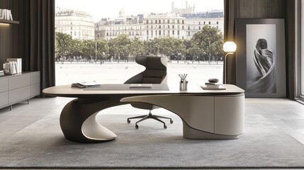 Aufkleber - Modern office space featuring a sleek desk, ergonomic chair, and minimalist decor.