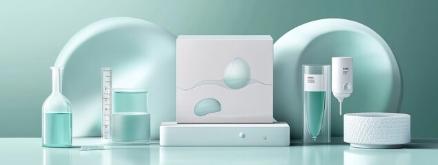 Poster - A minimalist display of laboratory glassware and skincare products in soothing teal tones.