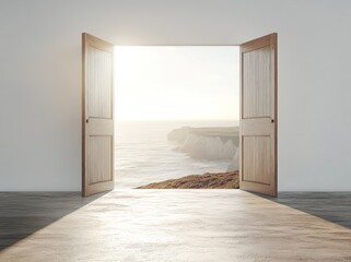 Leinwandbilder - A serene view through open doors revealing a coastal landscape at sunset.