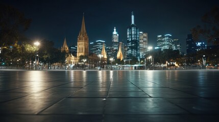 Poster - Night view of a city skyline with modern buildings and a historic church.
