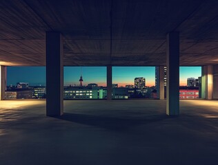 Poster - Urban view from a concrete structure at dusk, showcasing city skyline and architecture.