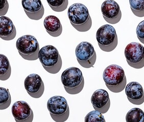 Poster - A flat lay of various plums on a white background, showcasing their natural colors and textures.