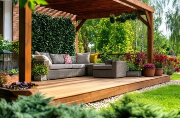 Aufkleber - A cozy outdoor seating area with lush greenery and colorful flowers for relaxation.