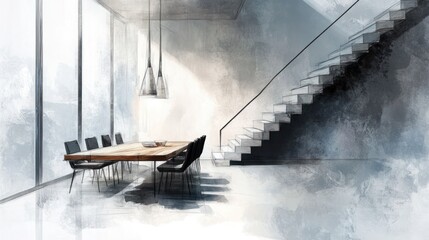 Aufkleber - A modern meeting space featuring a long table and staircase, emphasizing simplicity and elegance.