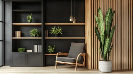 Aufkleber - A modern living space featuring a chair, bookshelf, and decorative plants for relaxation.