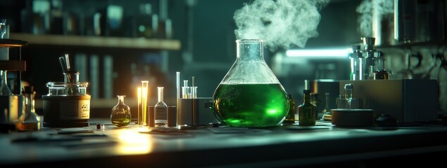 Poster - A laboratory scene with various glassware containing green liquid and smoke.