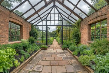 Aufkleber - A serene glasshouse filled with lush greenery and a stone pathway leading to a garden.