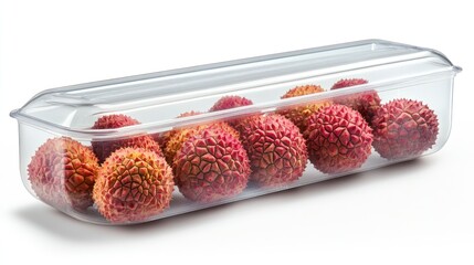 Poster - A clear container holding several lychee fruits, showcasing their textured skin and vibrant color.
