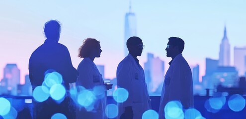 Aufkleber - Silhouetted figures in lab coats against a city skyline at dusk, suggesting collaboration in science.