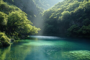 Poster - Serene landscape with lush greenery and tranquil waters reflecting sunlight.